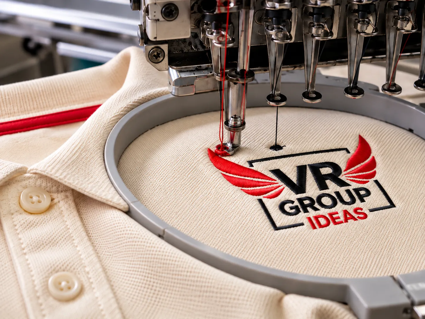 Máquina de bordar cosiendo con hilo el logotipo de VR Group Ideas sobre un polo crema