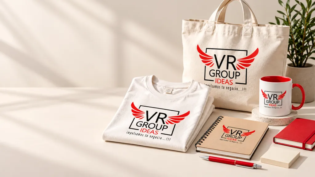 Camiseta, bolsa de tela, taza y cuaderno personalizados con el logo de VR Group Ideas