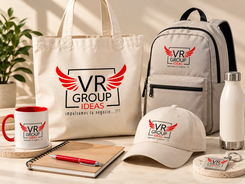 Bolsa de tela, mochila, gorra y llavero personalizados con el logo de VR Group Ideas