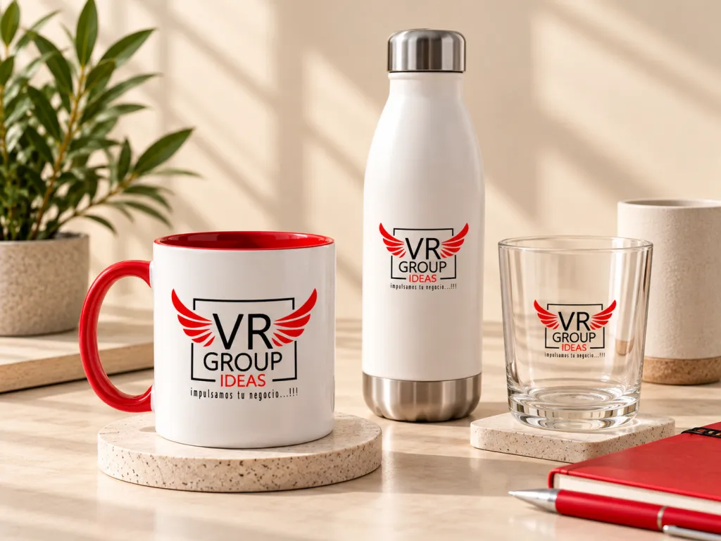 Taza, botella y vaso de cristal personalizados con el logo de VR Group Ideas