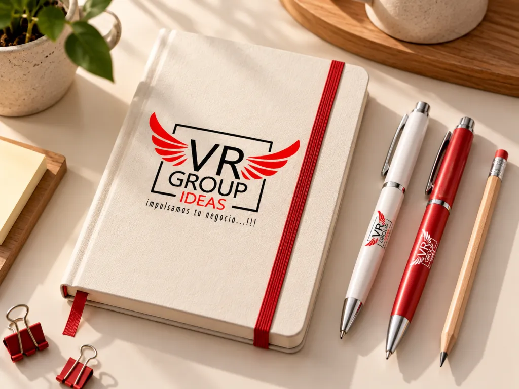 Libreta, bolígrafos y lápiz personalizados con el logo de VR Group Ideas