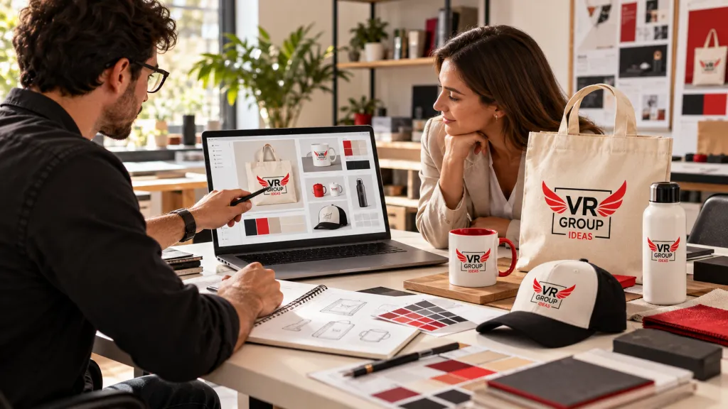 Dos personas revisan en un portátil el diseño de productos personalizados con el logo de VR Group Ideas, junto a una bolsa, una taza, una gorra y una botella