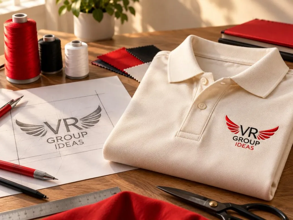 Boceto de un logotipo junto a hilos de bordar y un polo listo para personalizar