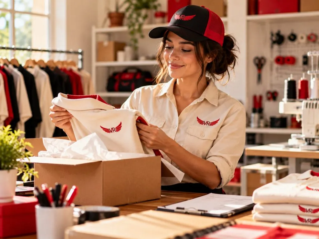 Emprendedora con ropa de trabajo personalizada con su marca