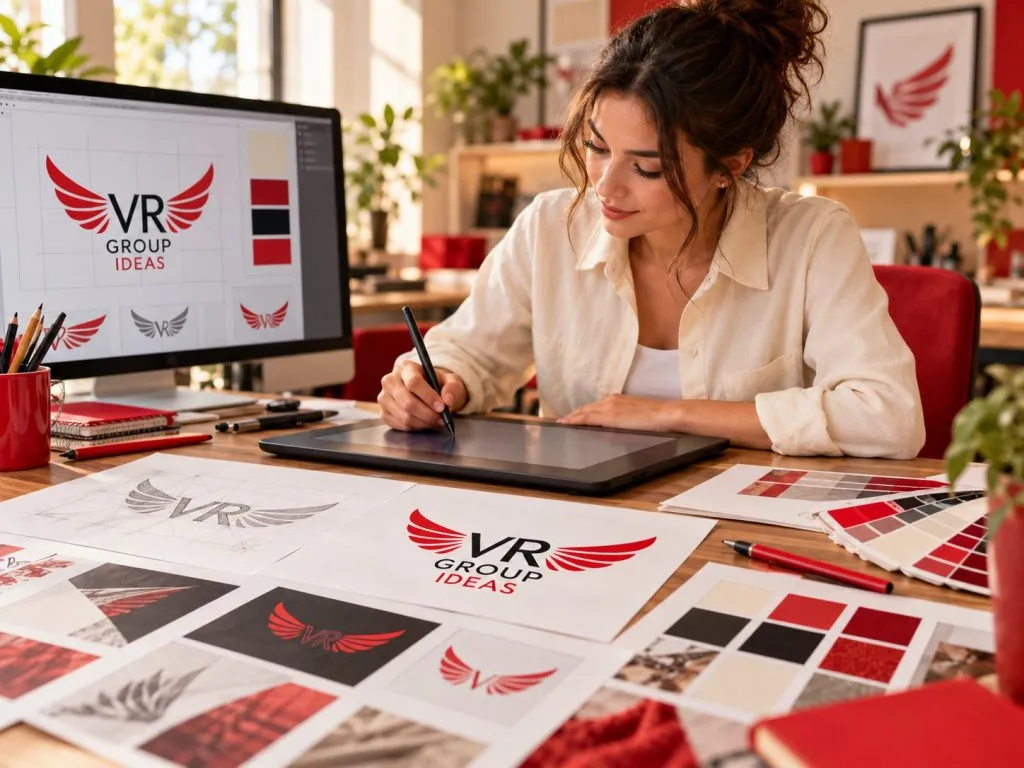 Diseñadora preparando propuestas de identidad de marca